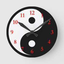 Relógio Redondo Símbolo Branco Preto Yin Yang com Números Vermelho