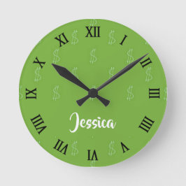 Relógio Redondo Sinal de dólar branco em verde