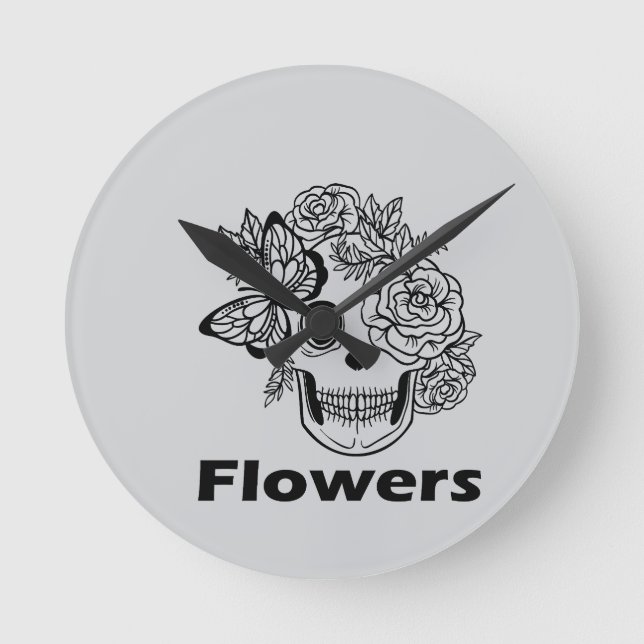 Relógio Redondo Skull and Flowers black and white (Frente)