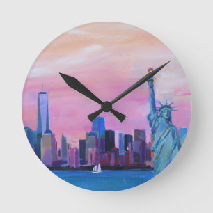 Relógio Redondo Skyline de Manhattan com estátua da liberdade