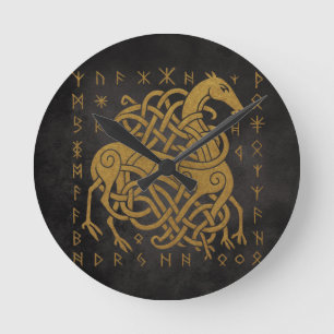 Relógio Redondo Sleipnir, Cavalo Nórdico Dourado com Símbolo de Ru