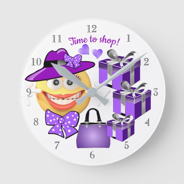 Relógio Redondo Sorrindo Emoji com Compro, hora de Comprar (Frente)