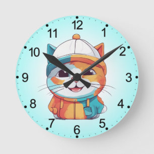 Relógio Redondo Sorrir Gato Vestindo Clipart de Chapéu