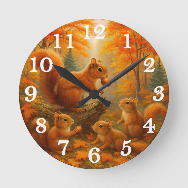 Relógio Redondo Squirrel And Child Rustic Autumn Forest Clock (Frente)