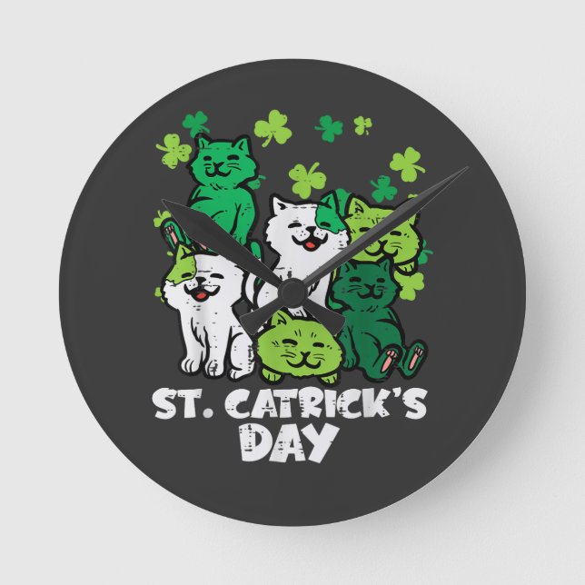 Relógio Redondo St Patricks Catricks Day Cats Saint Pattys (Frente)