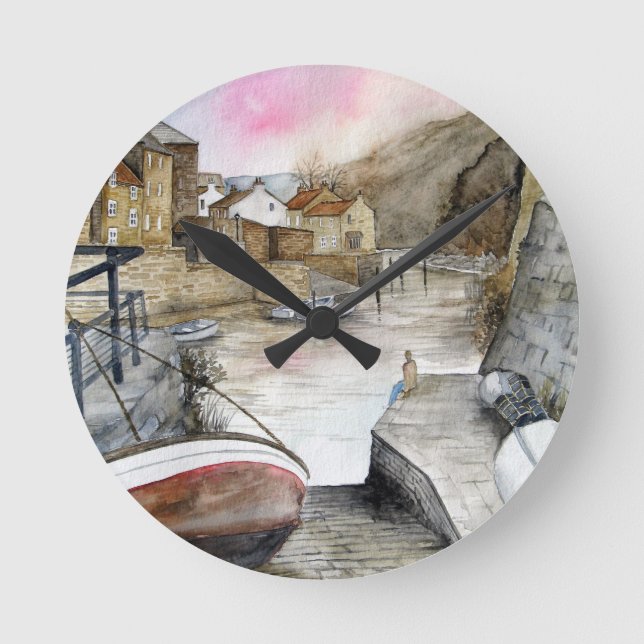 Relógio Redondo Staithes, North Yorkshire, England Watercolor (Frente)