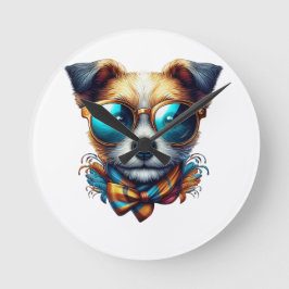Relógio Redondo Stylish Dog With Glasses Colorful Modern Pet Art
