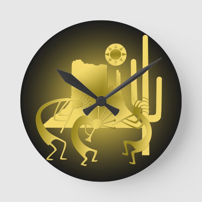 Relógio Redondo Sudoeste Kokopelli em Preto e Dourado (Frente)