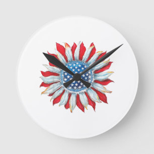 Relógio Redondo Sunflower American Flag 4 de julho Women Men Meri