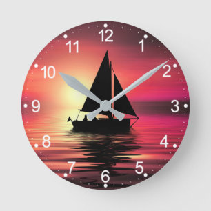 Relógio Redondo Sunset, Barco à vela no mar-39186