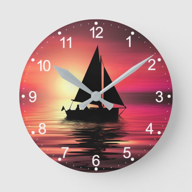 Relógio Redondo Sunset, Barco à vela no mar-39186 (Frente)