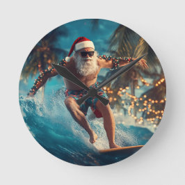 Relógio Redondo Surfing Santa Wall Clock - Fun Tropical Christmas