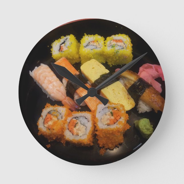 Relógio Redondo Sushi Raw Comida Japonesa Refeição Deliciosa (Frente)