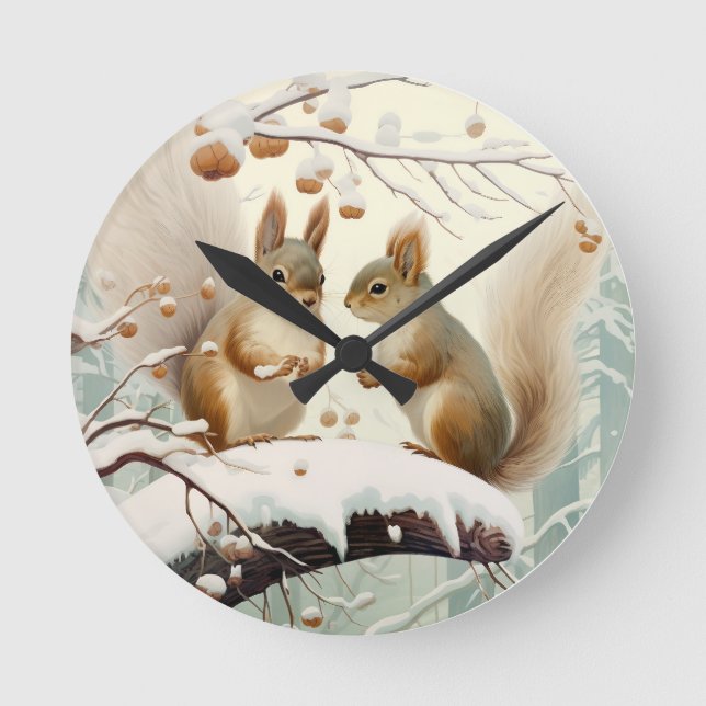 Relógio Redondo Sussurros de inverno: dança de neve de esquilo (Frente)