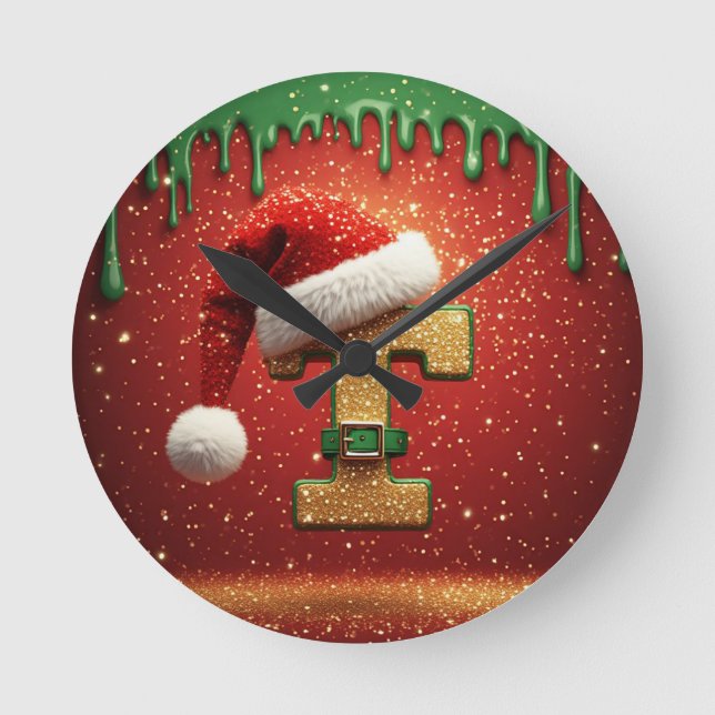 Relógio Redondo T Monograma de Natal Personalizado com Chapéu de P (Frente)