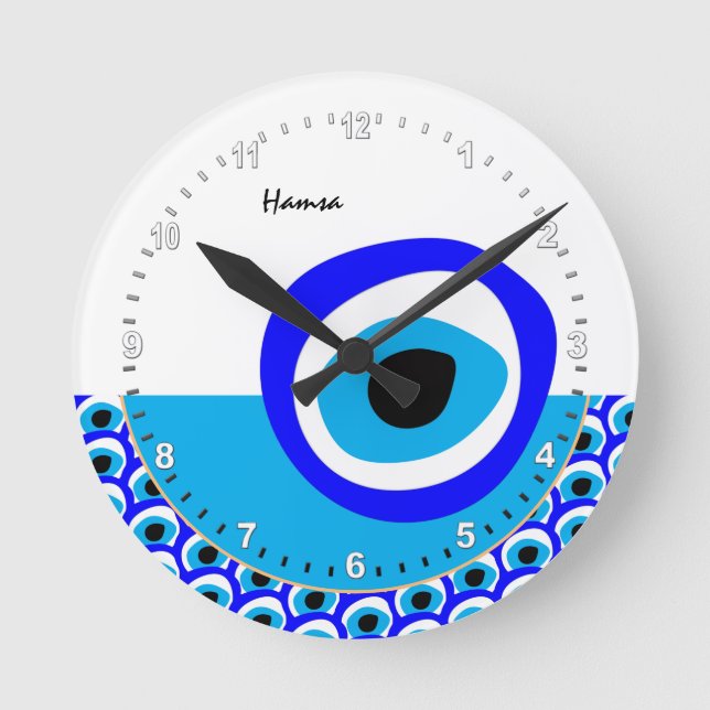 Relógio Redondo Talisman & Mau Olho Amulet, turco / árabe branco (Frente)