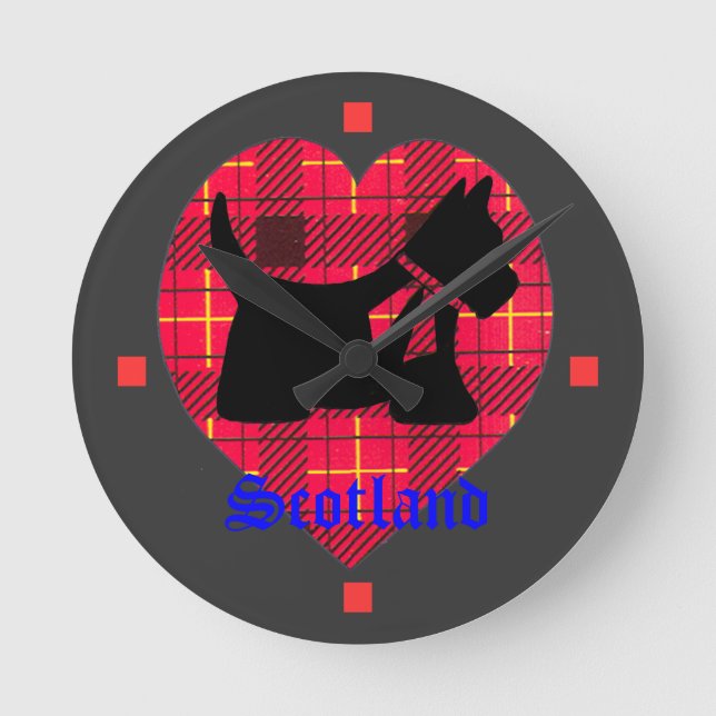 Relógio Redondo Tartan Heart & Scottie Dog Wall Clock (Frente)