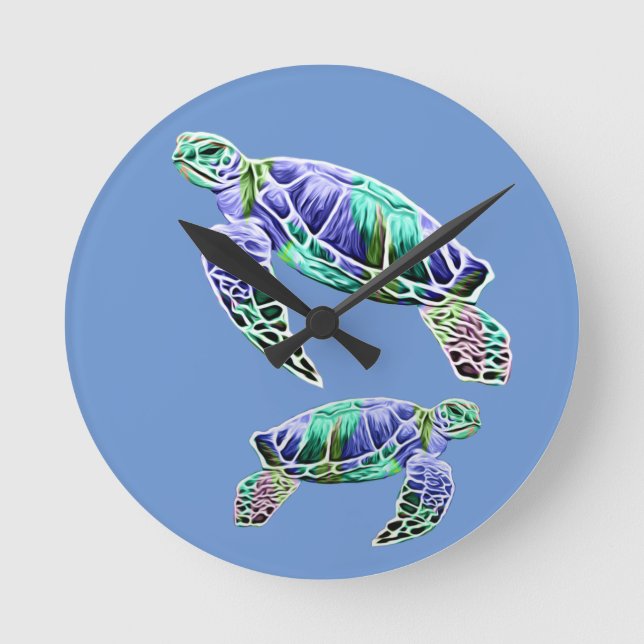 Relógio Redondo Tartarugas do Mar Verde Azul (Frente)