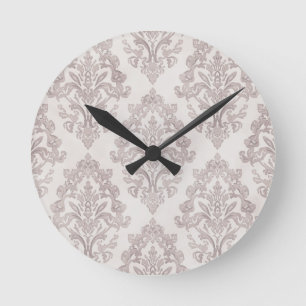 Relógio Redondo Taupe Suave Damasco Aquarela Floral Clássico