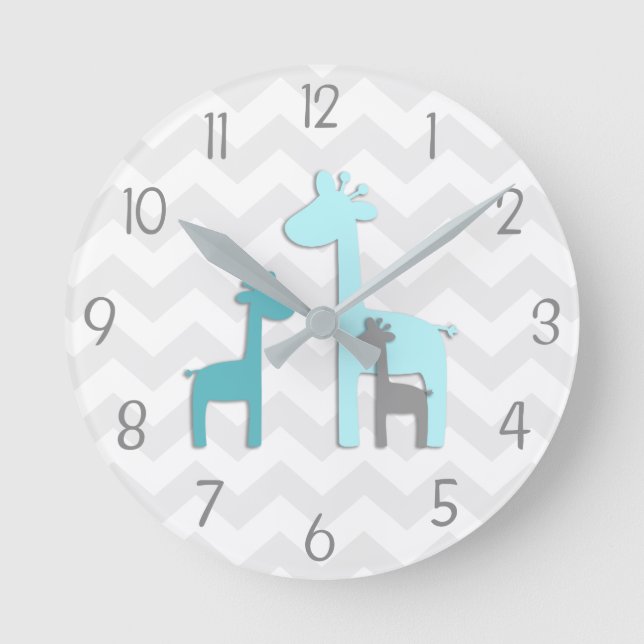 Relógio Redondo Téal Aqua Cinza Giraffe Nursery Wall Clock (Frente)