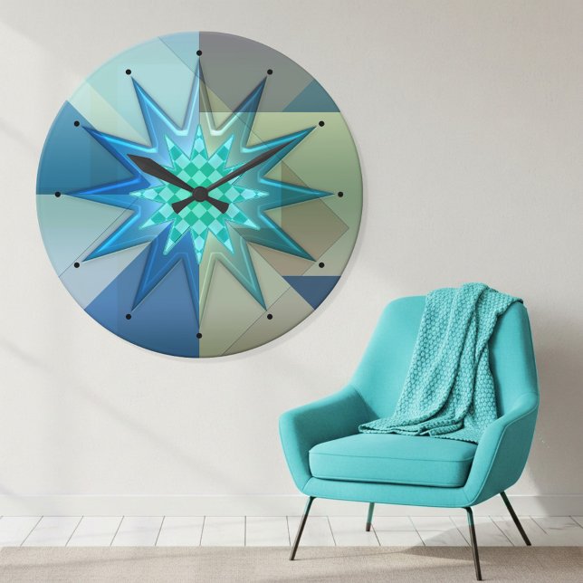 Relógio Redondo Teal Blue Geometric Harlequin  (Wall clock showing a playful geometric design in teal and turquoise with a harlequin patterned star)