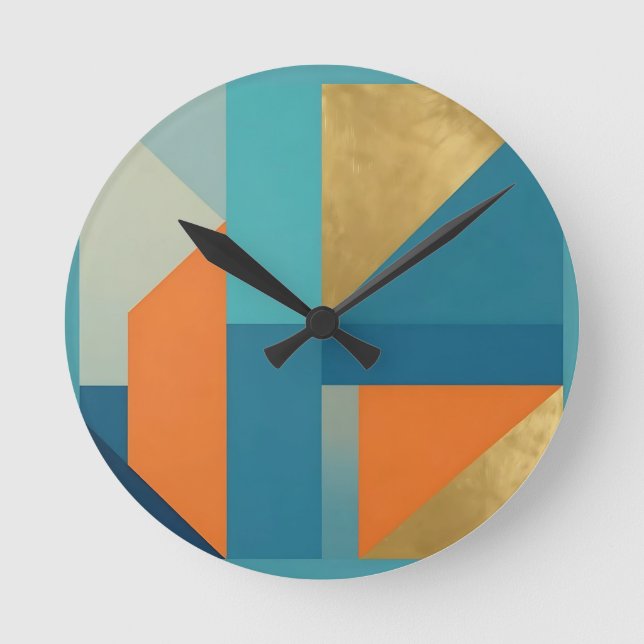 Relógio Redondo Teal Orange Gold Geometric Abstract (Frente)