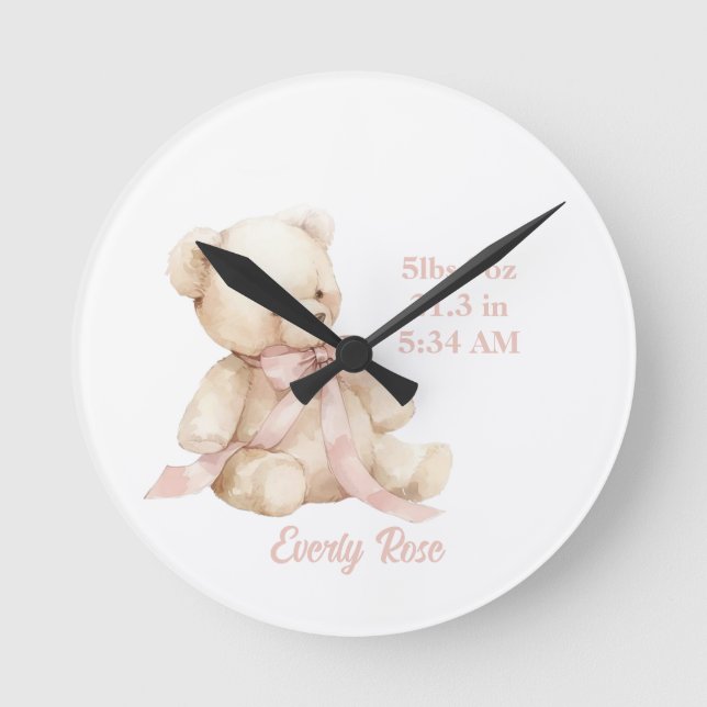 Relógio Redondo Teddy Bear Pastel Champagne  Gold Baby Girl  (Frente)