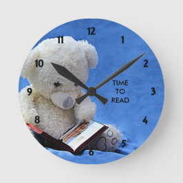 Relógio Redondo Teddy Bear Time to Read Blue Stuffed Animal, ZKOA