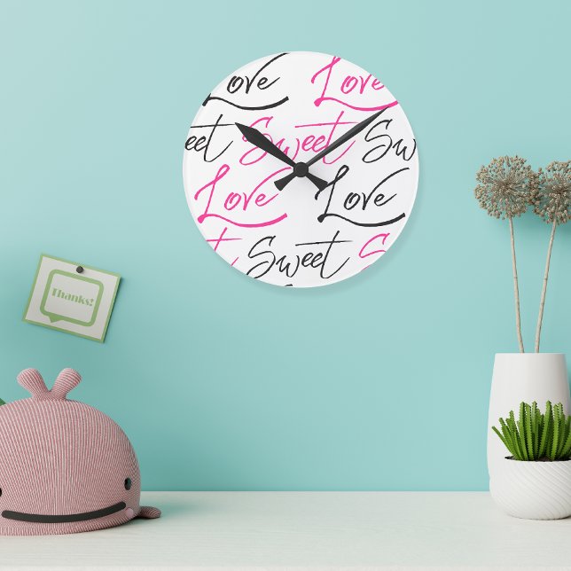 Relógio Redondo Tendy Black and Pink Love and Sweet Patternos (Trendy Black and Pink Love and Sweet Pattern Round Clock)