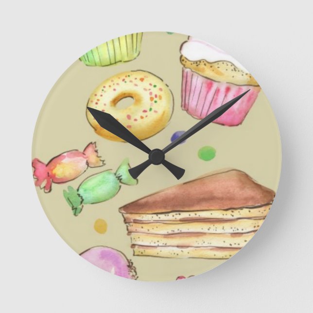 Relógio Redondo Teste padrão da aguarela com doces (Frente)