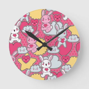 Relógio Redondo Teste padrão da criança de Kawaii com Doodles