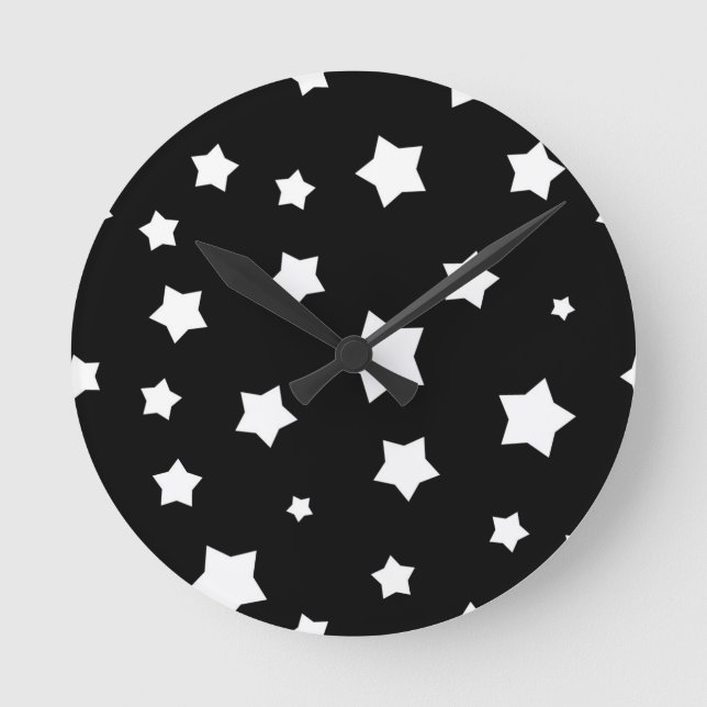 Relógio Redondo Teste padrão de estrelas preto e branco (Frente)