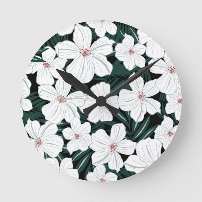 Relógio Redondo Teste padrão de flores tropical branco (Frente)