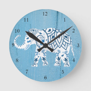 Relógio Redondo Teste padrão de madeira azul do elefante branco