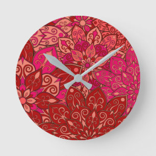 Relógio Redondo Teste padrão vermelho e cor-de-rosa da mandala