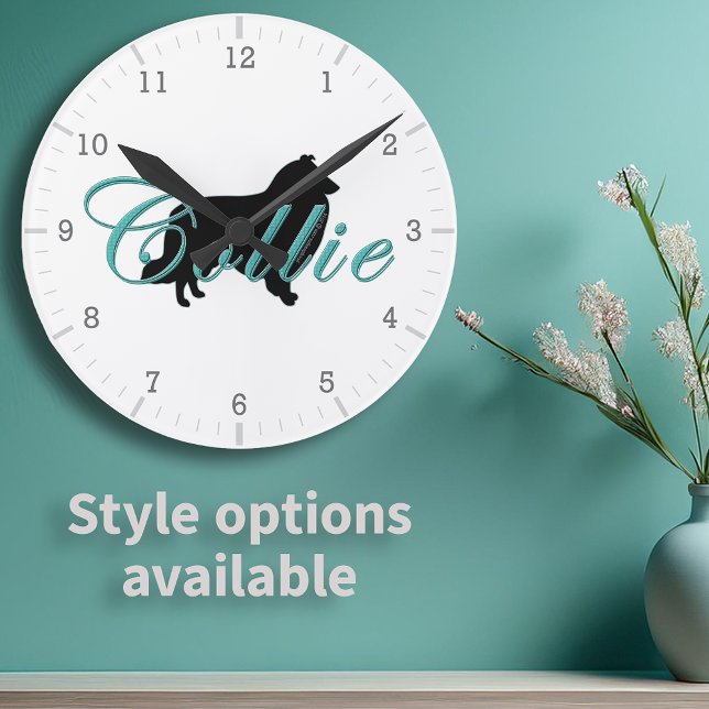 Relógio Redondo Texto do Script de Teal Collie Silhouette Rough (Rough Collie Silhouette Teal Script Text Round Clock with available style options)