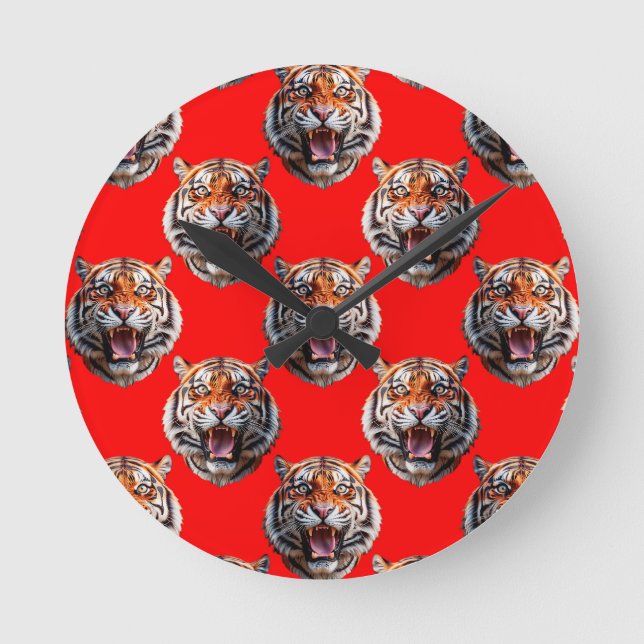 Relógio Redondo Tiger Head Pattern Design Red (Frente)