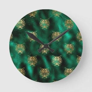 Relógio Redondo Tigre Dourado Face Esmeralda Verde Animal Selvagem