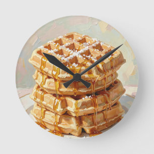 Relógio Redondo Tinta a Óleo de Xaropes de Waffles Belgas Dourados