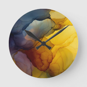 Relógio Redondo Tinta Fluxo Abstrato Âmbar Índigo Álcool