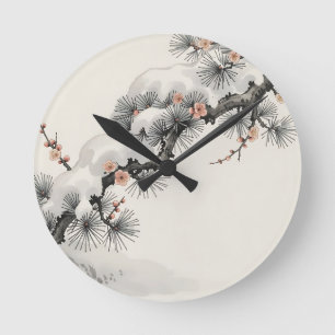 Relógio Redondo Tinta Japonesa Pinheiro Flor de Ameixa Inverno