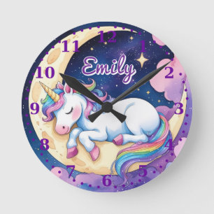 Relógio Redondo Título: Lua Unicorn Wall Clock - Nome Editável