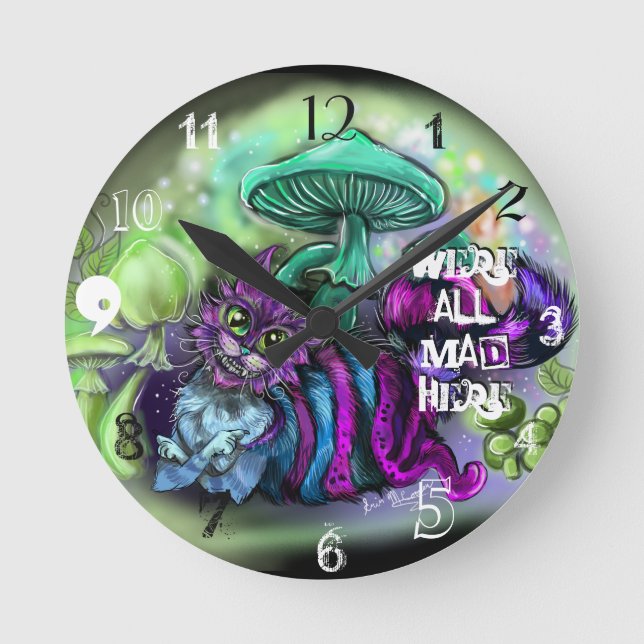 Relógio Redondo Todos nós estamos loucos aqui Cat Clock (Frente)