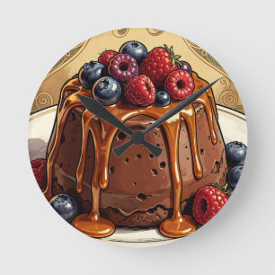 Relógio Redondo Torta de Chocolate Caramel Decadente com Frutas Ve