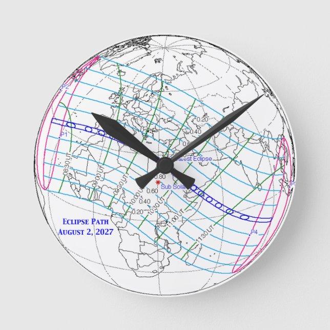 Relógio Redondo Total Solar Eclipse 2027 Map (Frente)