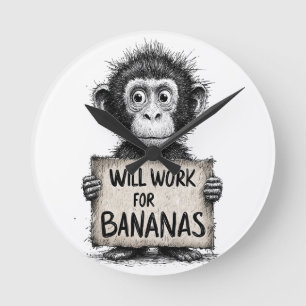 Relógio Redondo Trabalharei por Bananas - Esboço Humorístico de Ma