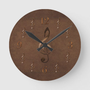 Relógio Redondo Trble Clef Music Temed Faux Leather Wall Clock