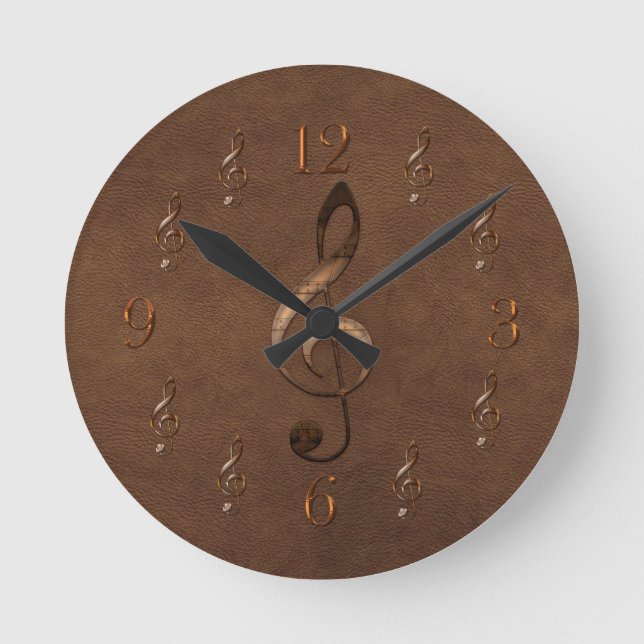 Relógio Redondo Trble Clef Music Temed Faux Leather Wall Clock (Frente)