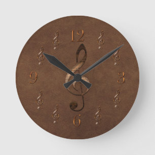 Relógio Redondo Trble Clef Music Temed Faux Leather Wall Clock
