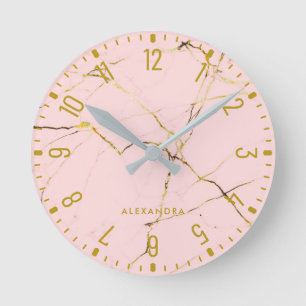 Relógio Redondo Trendy Glam Faux Rosa Dourado Olha Marble Round Cl